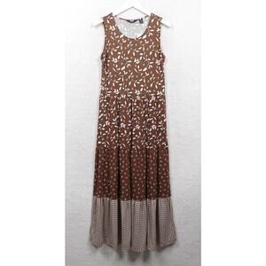 LANDS END Mixed Print Tiered Jersey Maxi Dress Brown White Cotton‎ Sz XS 2-4 NWT